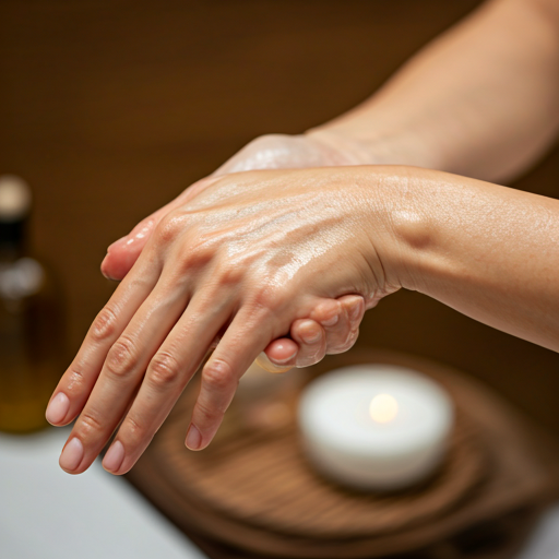 Close-up of a professional hand massage with botanical oils on a woman's hand, soft focus.