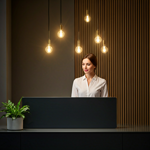Elegant female receptionist in a minimalist luxury salon lobby, warm editorial lighting.