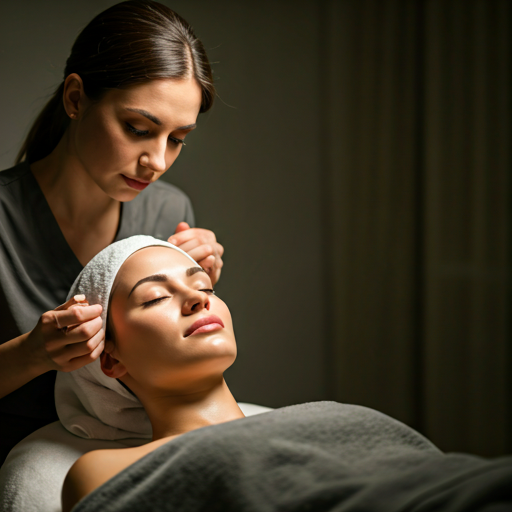 Woman receiving a luxurious facial treatment in a dim, serene spa room.