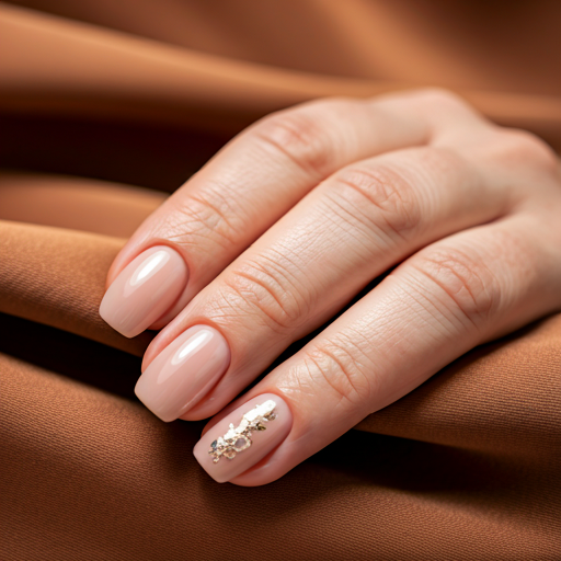 Before photo: Plain natural nails of a woman on a soft fabric background.