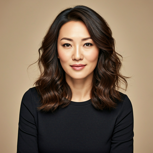 Sofia Chen, a professional female hair stylist with elegant features, neutral studio background.